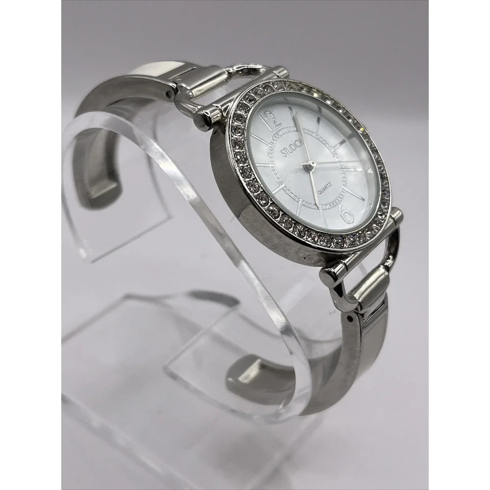 Studio Time Women's Watch Rhinestone Bezel White Enamel‎ Band- New Battery
